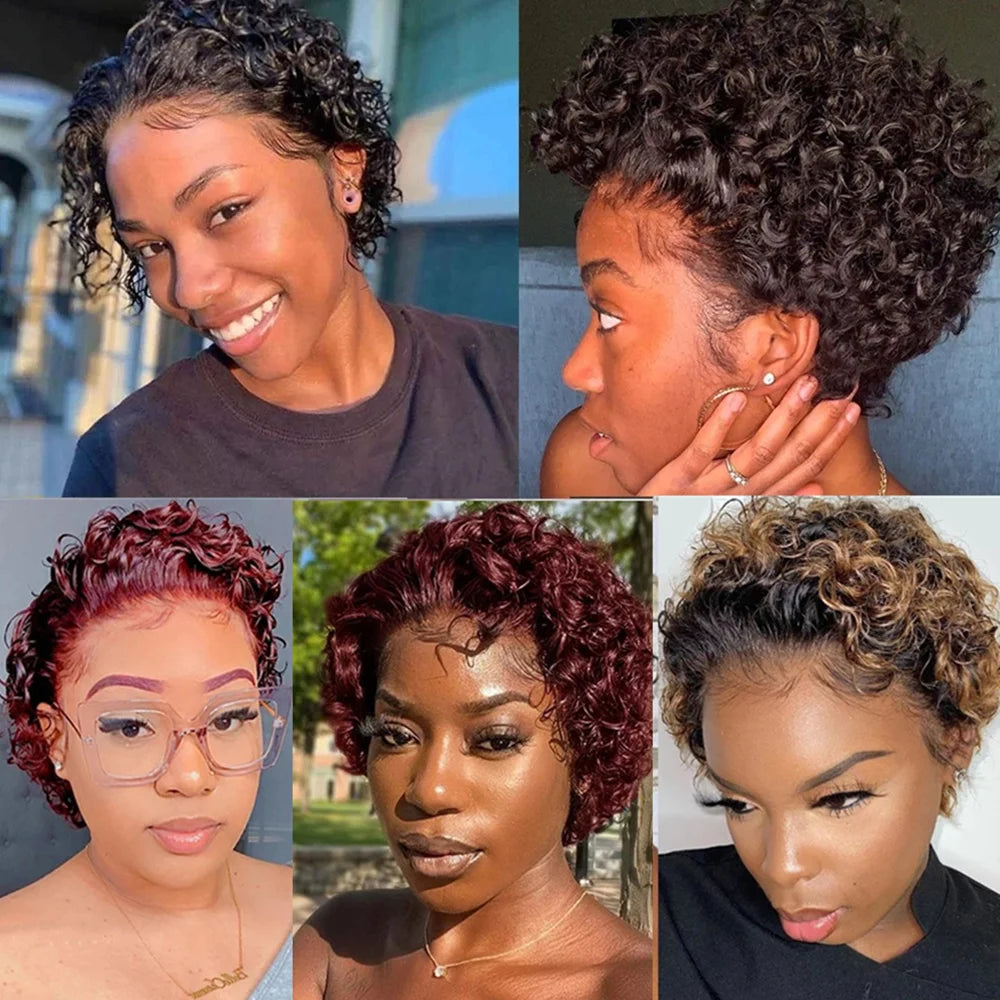 A Pixie Cut Wig Colored Lace Wig Spring curl Short Bob Human Hair Wig For Women Natural Black Color Human Hair Cheap Wig 13X1