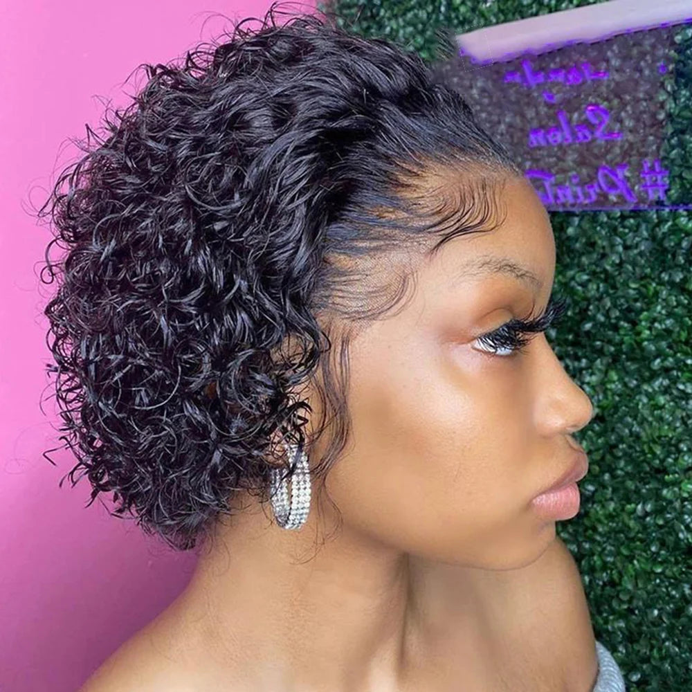 A Pixie Cut Wig Colored Lace Wig Spring curl Short Bob Human Hair Wig For Women Natural Black Color Human Hair Cheap Wig 13X1