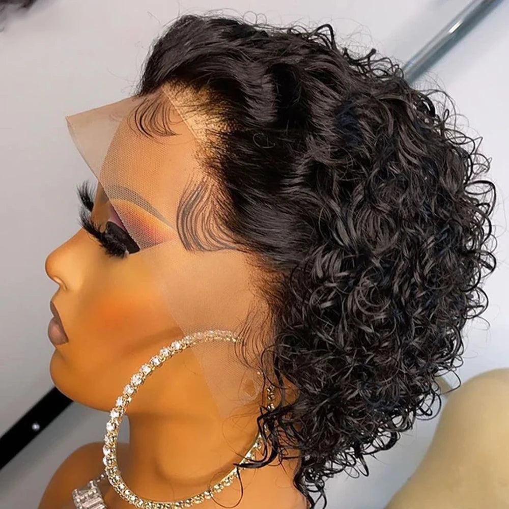 A Pixie Cut Wig Colored Lace Wig Spring curl Short Bob Human Hair Wig For Women Natural Black Color Human Hair Cheap Wig 13X1