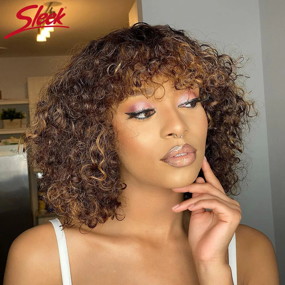 A Perruques de Cheveux Humains Bouclés avec Frange pour Femme, Coupe Courte Pixie Bob, Sans Colle, Mèches Miel, Vague d'Eau, Couleur Blonde