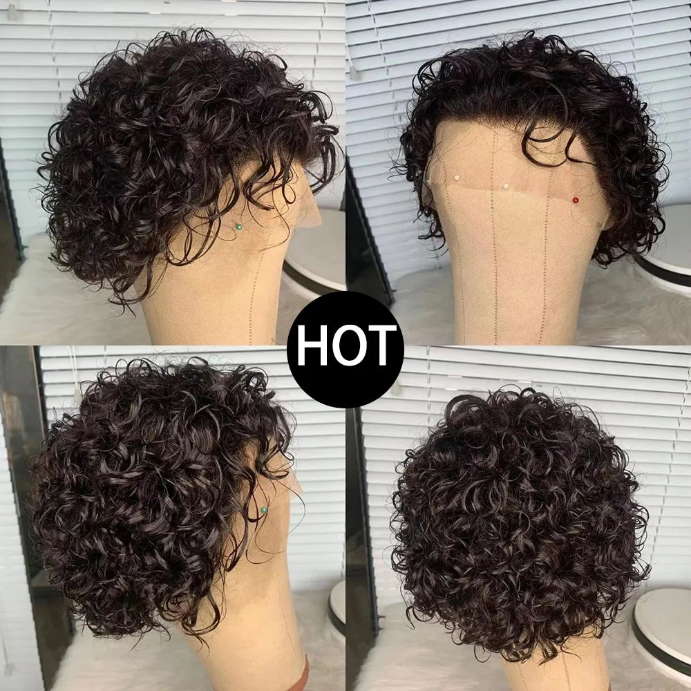 A Pixie Cut Wig Colored Lace Wig Spring curl Short Bob Human Hair Wig For Women Natural Black Color Human Hair Cheap Wig 13X1