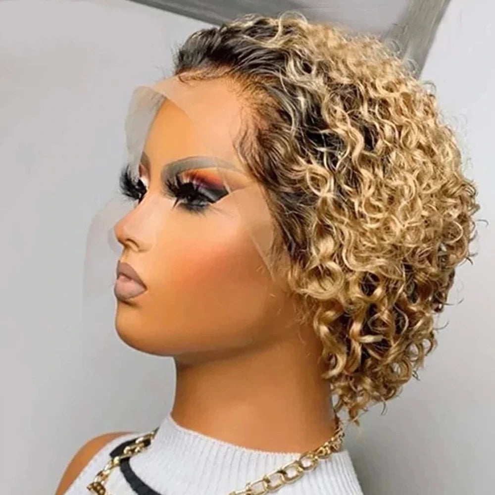 A Pixie Cut Wig Colored Lace Wig Spring curl Short Bob Human Hair Wig For Women Natural Black Color Human Hair Cheap Wig 13X1