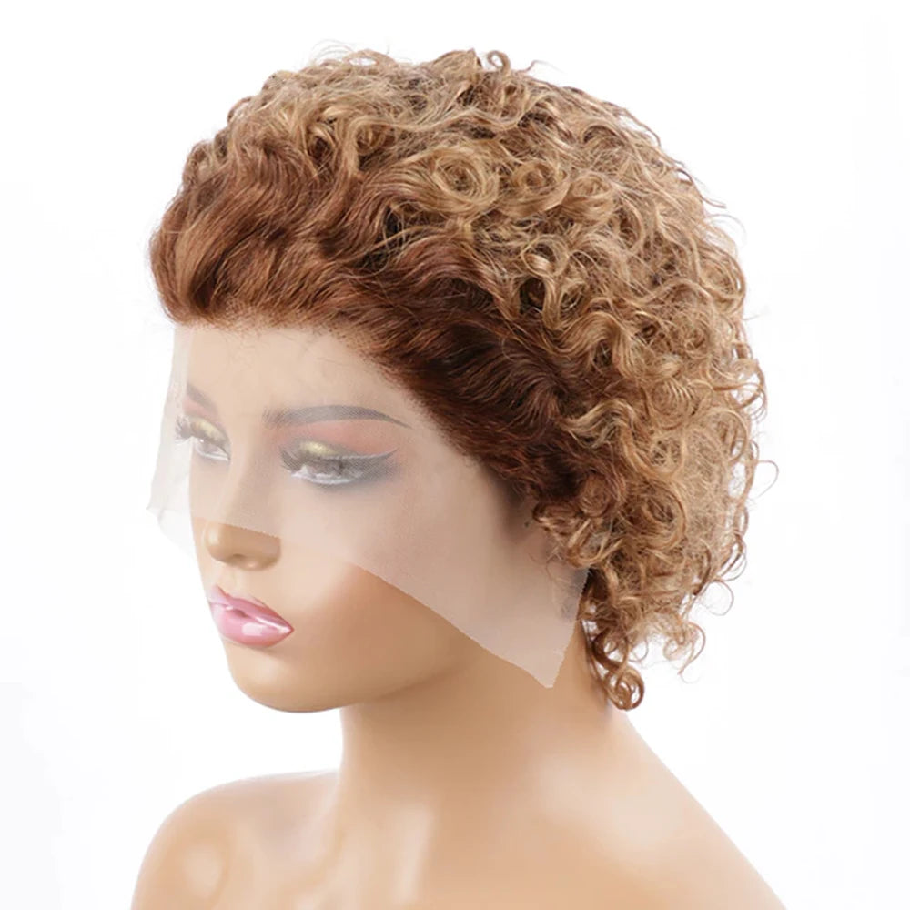 A Pixie Cut Wig Colored Lace Wig Spring curl Short Bob Human Hair Wig For Women Natural Black Color Human Hair Cheap Wig 13X1