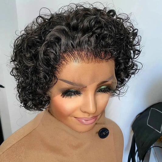 A Pixie Cut Wig Colored Lace Wig Spring curl Short Bob Human Hair Wig For Women Natural Black Color Human Hair Cheap Wig 13X1