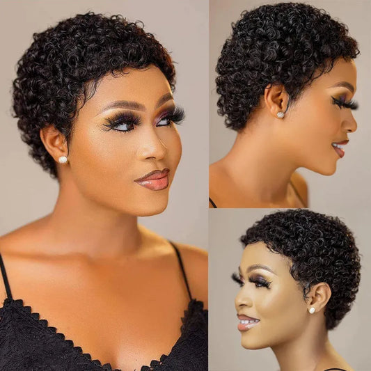 A Perruques de cheveux humains bouclés courts crépus coupe lutin cheveux humains brésiliens pour les femmes noires perruques de cheveux humains bouclés sans colle noir naturel