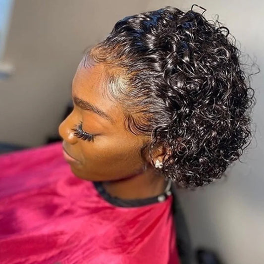 A Pixie Cut Wig Colored Lace Wig Spring curl Short Bob Human Hair Wig For Women Natural Black Color Human Hair Cheap Wig 13X1