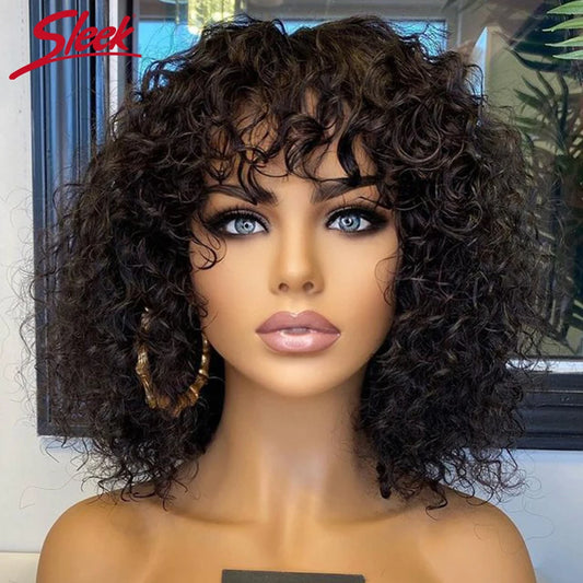 A Perruques de Cheveux Humains Bouclés avec Frange pour Femme, Coupe Courte Pixie Bob, Sans Colle, Mèches Miel, Vague d'Eau, Couleur Blonde