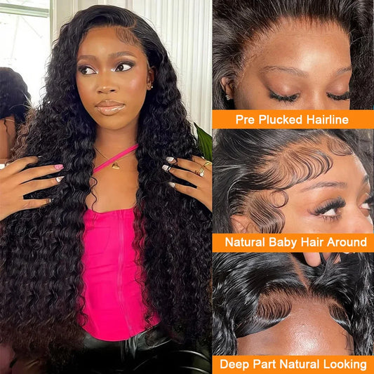 A Perruque Brésilienne Naturelle Bouclée pour Femme, Cheveux Humains, Deep Wave, 13x4, 13x6, Transparent HD, Densité 250, 30 40 Pouces