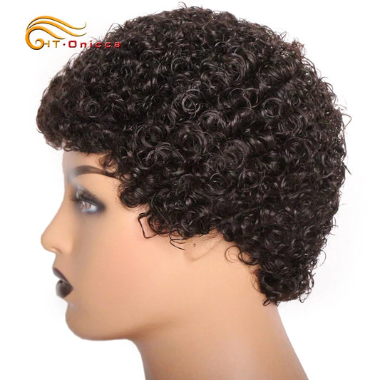 A Perruques de cheveux humains bouclés courts crépus coupe lutin cheveux humains brésiliens pour les femmes noires perruques de cheveux humains bouclés sans colle noir naturel